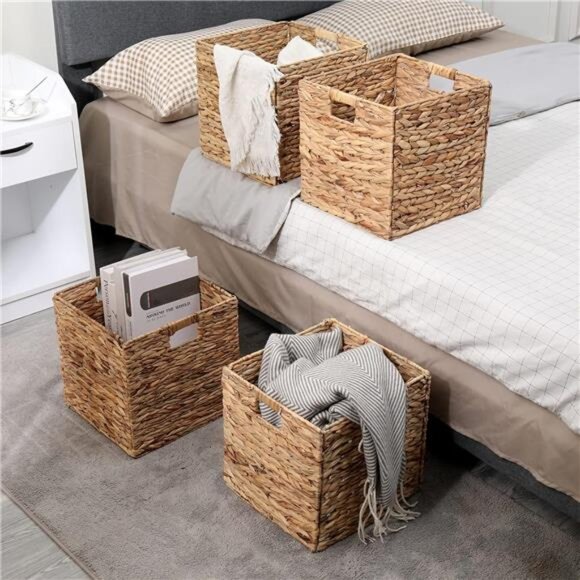 Foldable Handwoven Water Hyacinth Storage Baskets Wicker Cube Baskets - Picture 6 of 7